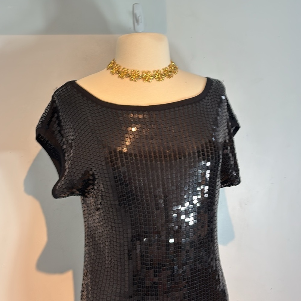 BEBE Black Sequin shift Dress short sleeves size medium - Picture 2 of 12